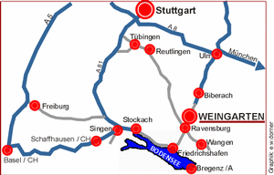 Weingarten liegt ca.20 km nördlich des Bodensees